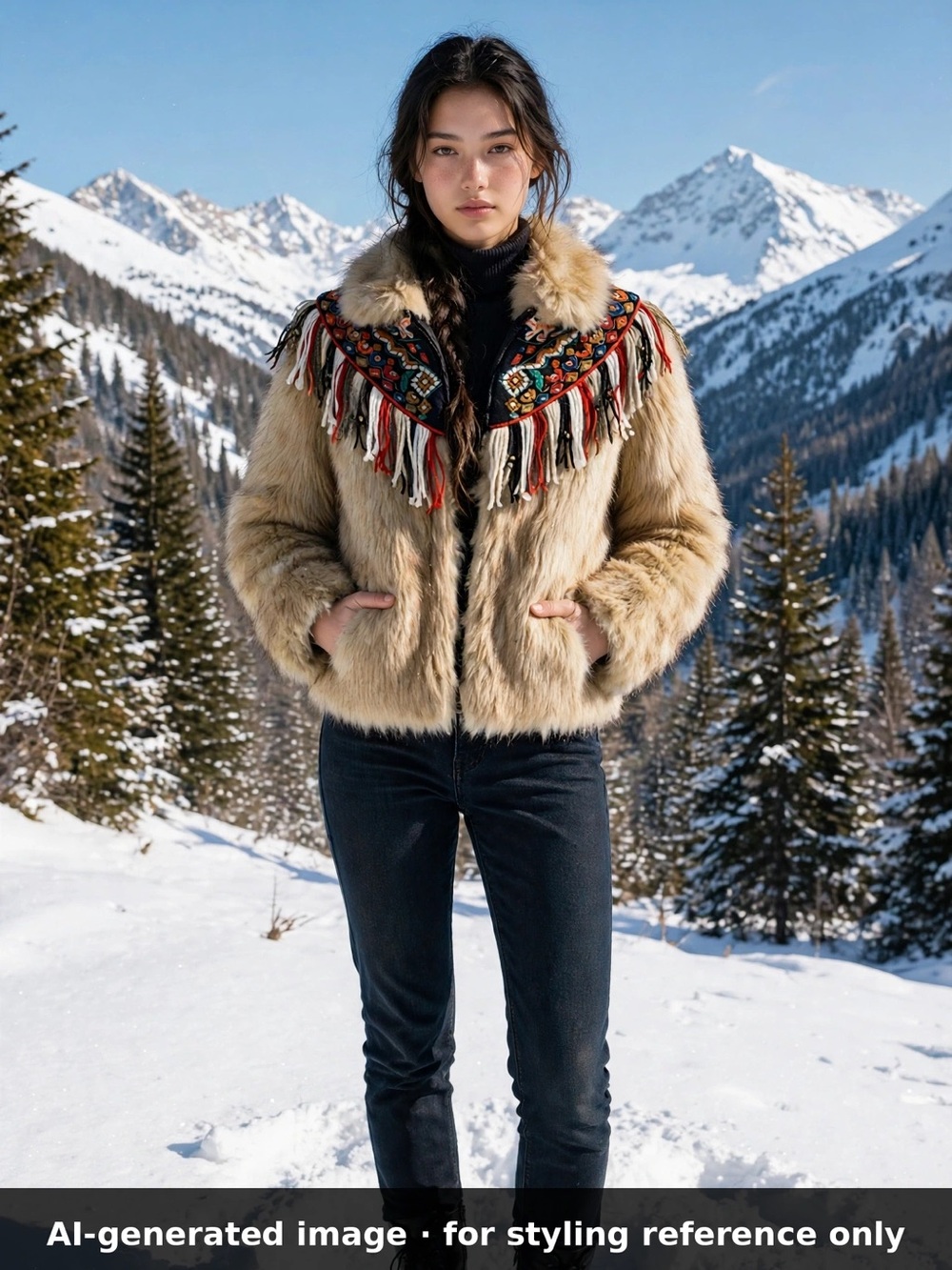 Zara Beige Faux-Fur Jacket with Embroidered Fringe Yoke - Picture 8 of 9